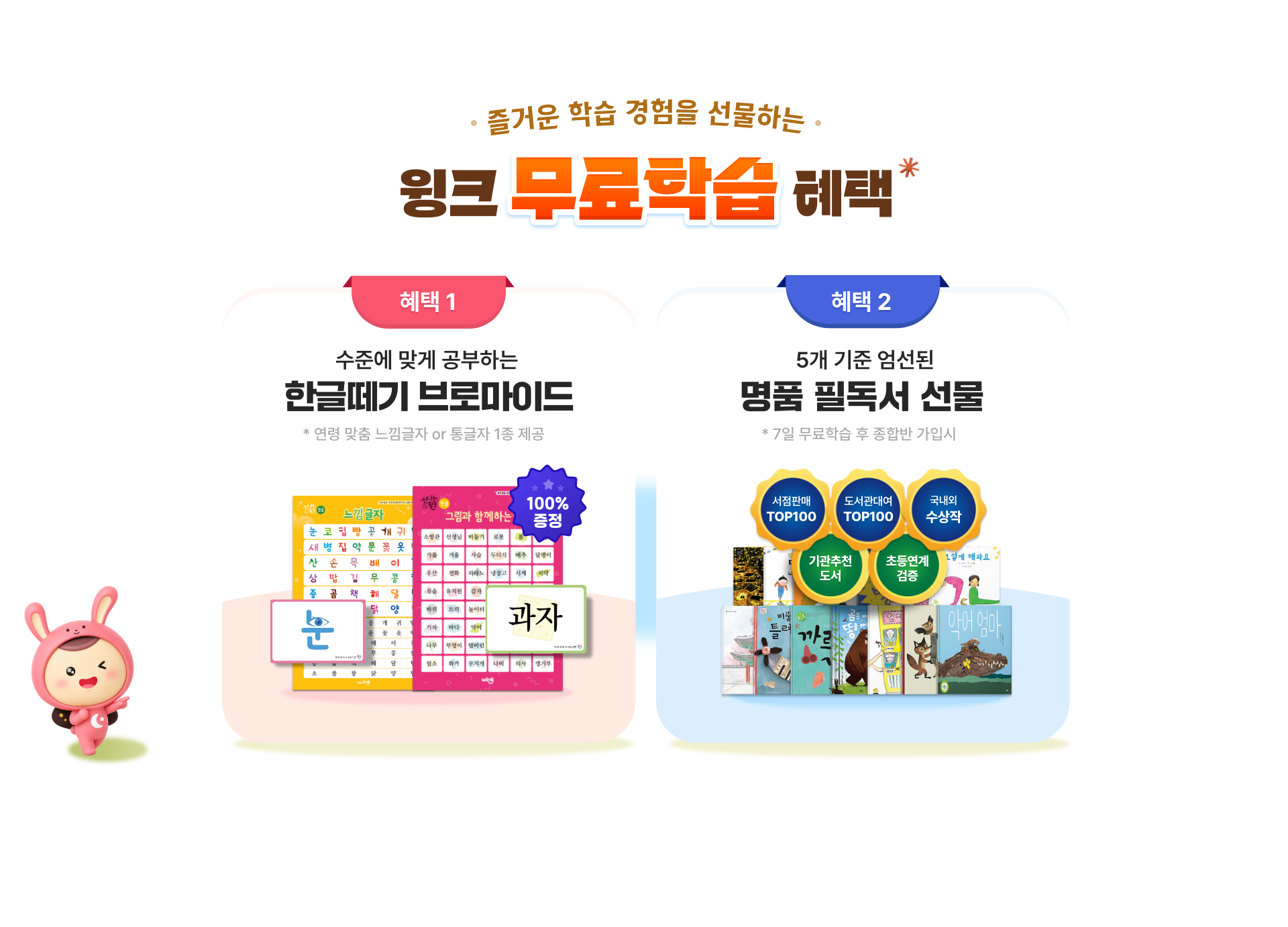 8월 윙크 무료학습 신청 혜택 — 혜택 1 공부도 놀이도 즐겁게 워터파크 할인권, 혜택 2 수준에 맞게 공부하는 한글떼기 브로마이드, 혜택 3 5개 기준 엄선된 명품 필독서 선물