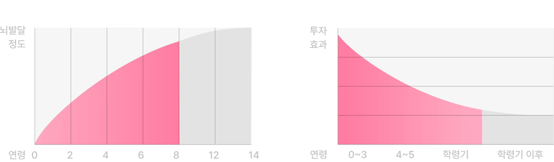 유아기 뇌발달 정도와 연령별 투자 효과 비교 그래프