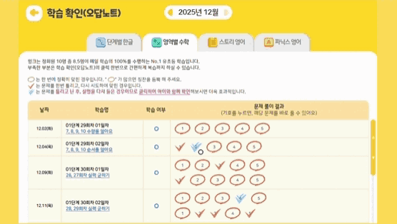 학습 확인표에서 틀린 문제를 즉시 확인하는 화면